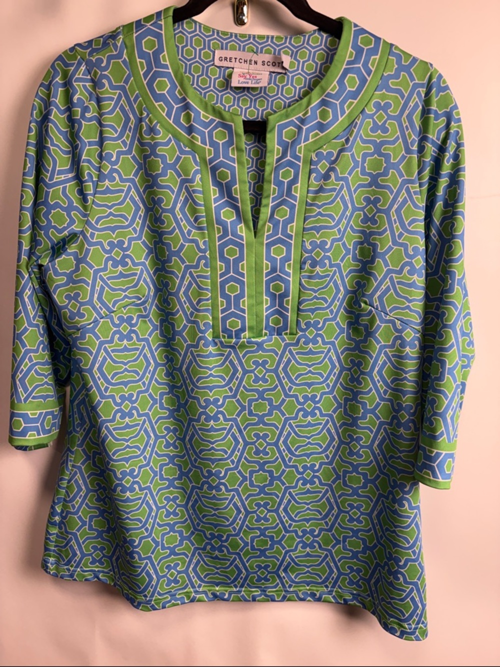 Gretchen Scott Designs Blue & Green Geometric Split-Neck Tunic